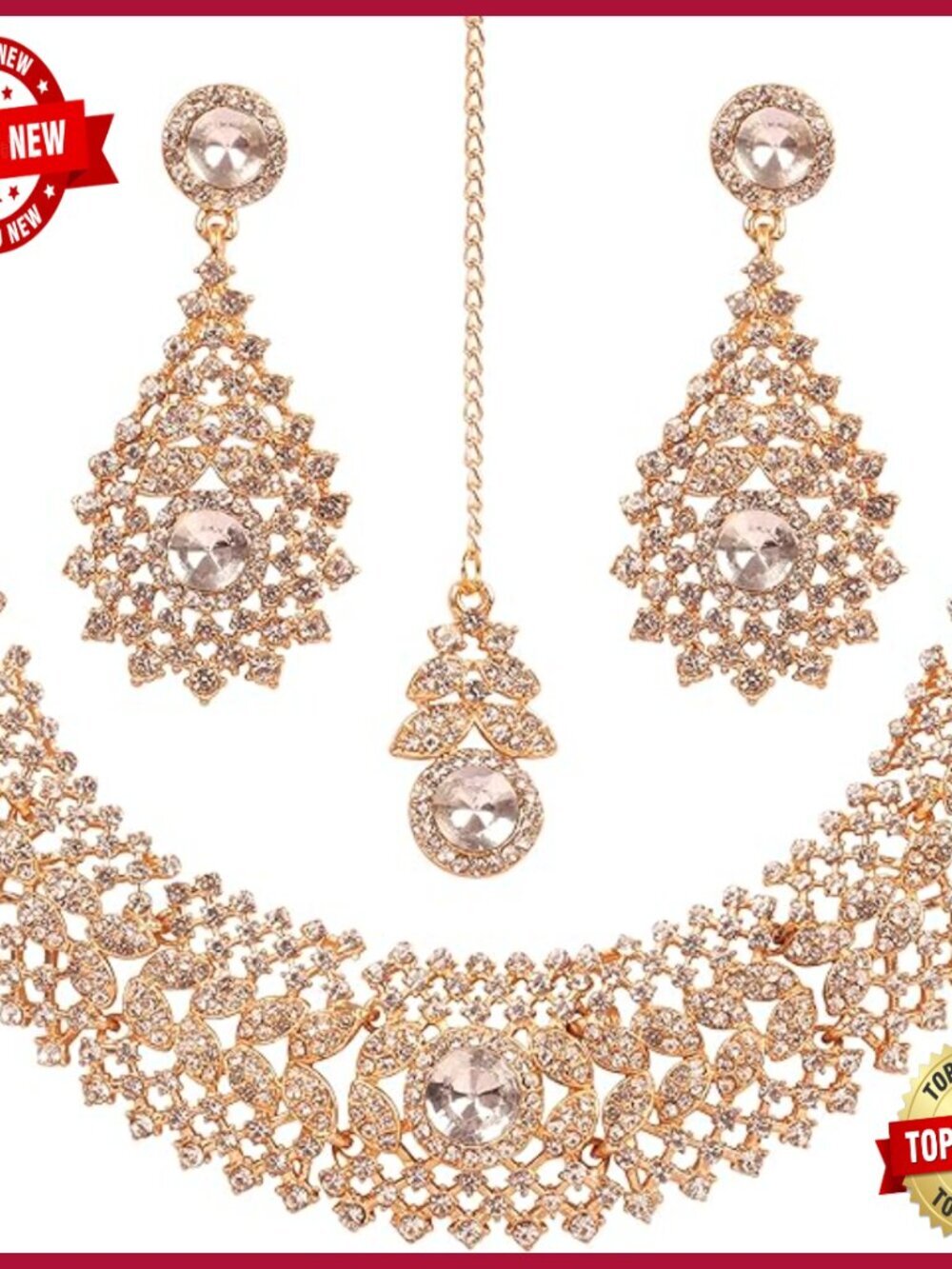 Indian Bollywood Bridal Necklace Set Wedding Rhinestone Jewelry Hasli Earrings